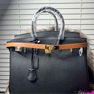 Brown Epsom Leather Lock Belt with Gold hardware Adjustable fits size 60cm-100cm